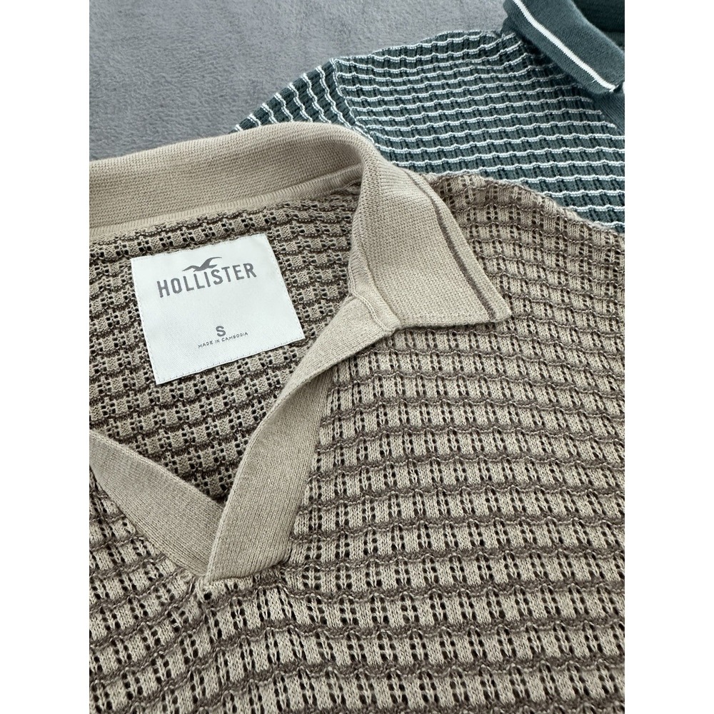 LOT of 2 - HOLLISTER OPEN STITCH TIPPED SWEATER POLO MENs Sz SM BEIGE GREEN 0089 - Picture 3 of 5